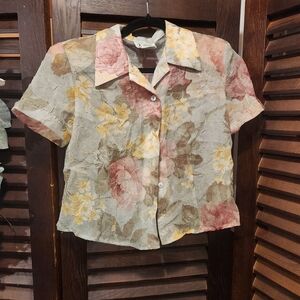 Vintage Floral Button-Down Shirt - Red, Yellow, Green